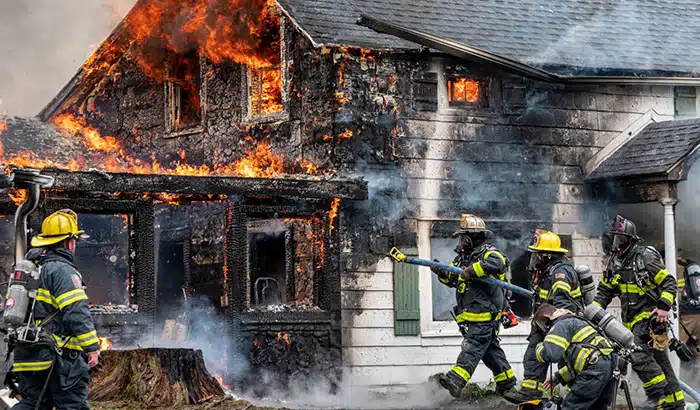 Firefighters Working To Extinguish A Suburban House Fire