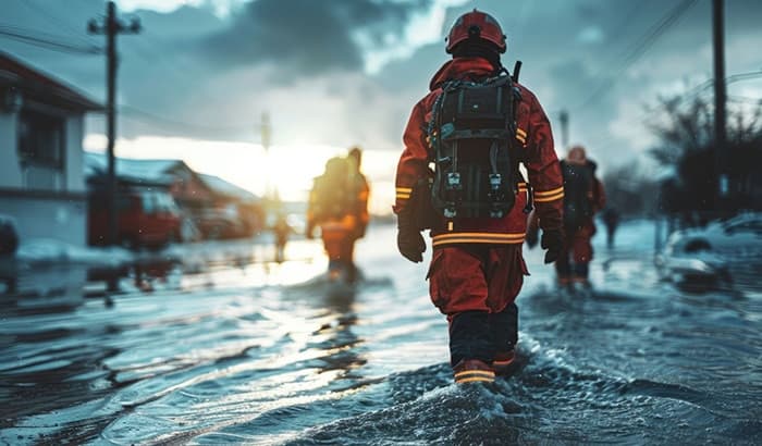 Firefighters wading through flooded street during cleanup and total restoration services