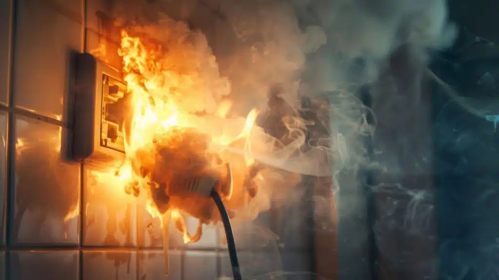 Fire burning in wall outlet, causing smoke damage and wall damage from smoke.