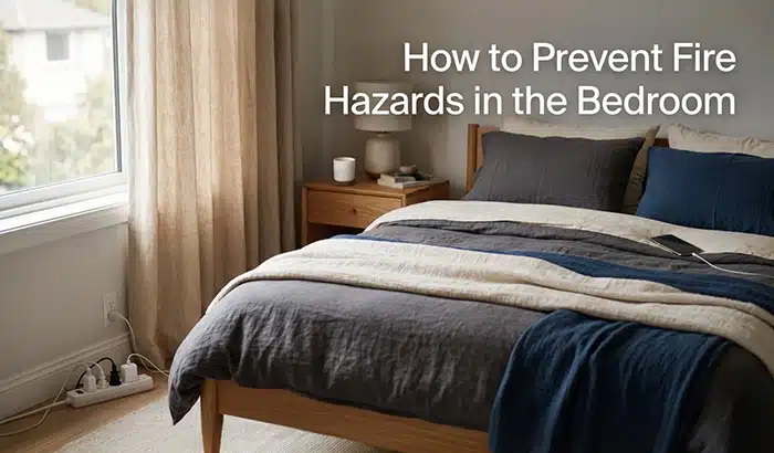 A bedroom with text reading How to Prevent Fire Hazards in the Bedroom.