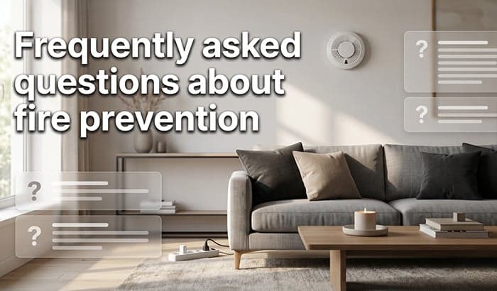 A living room with text reading Frequently asked questions about fire prevention.