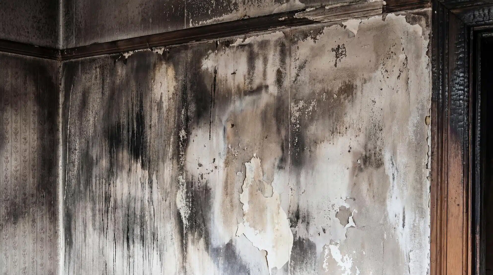 Smoke and fire damage on interior walls requiring restoration services
