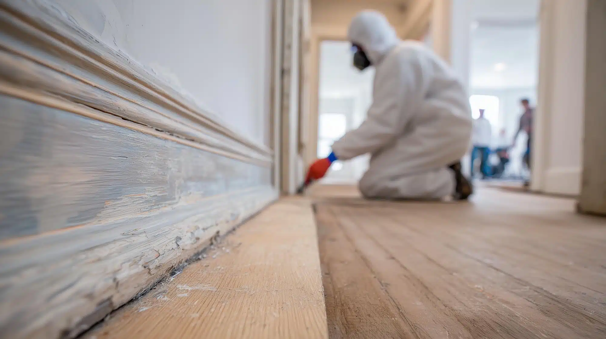 Mold remediation specialist performing cleanup and restoration inside a home