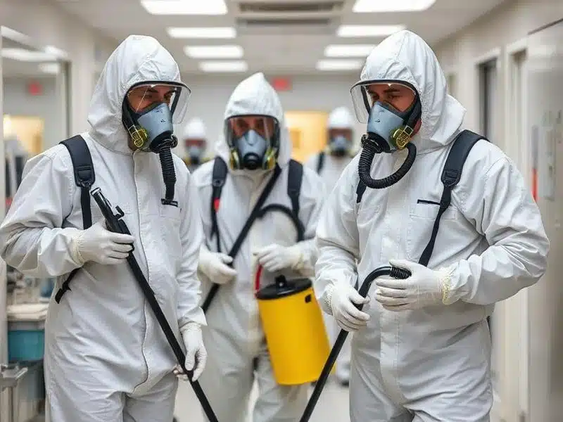 Specialized team in hazmat suits performing biohazard cleanup