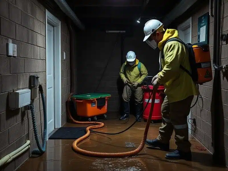 Professional crew extracting water from a flooded basement