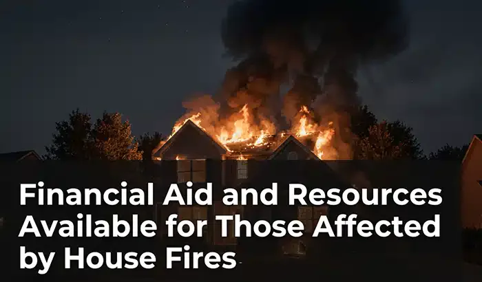 A house on fire at night with text overlay reading Financial Aid and Resources Available for Those Affected by House Fires.