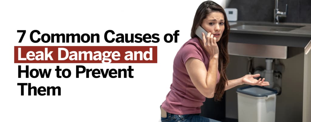 Infographic showing seven causes of leak damage with prevention tips